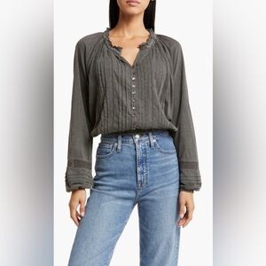 Lucky Brand Embroidered Peasant Top, Washed Black, Large